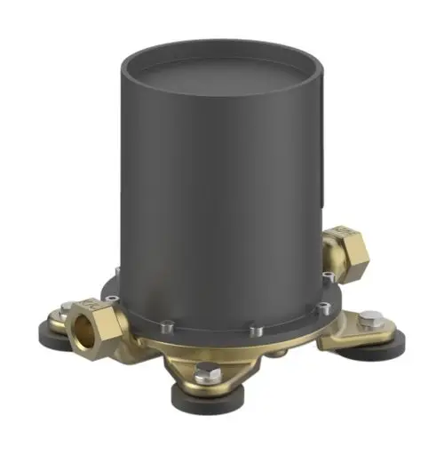 HANSAVARIO Bauteil mit zylindrischem, schwarzem Gehäuse und goldfarbener Basis. Verschraubungen an den Seiten zur Installation.